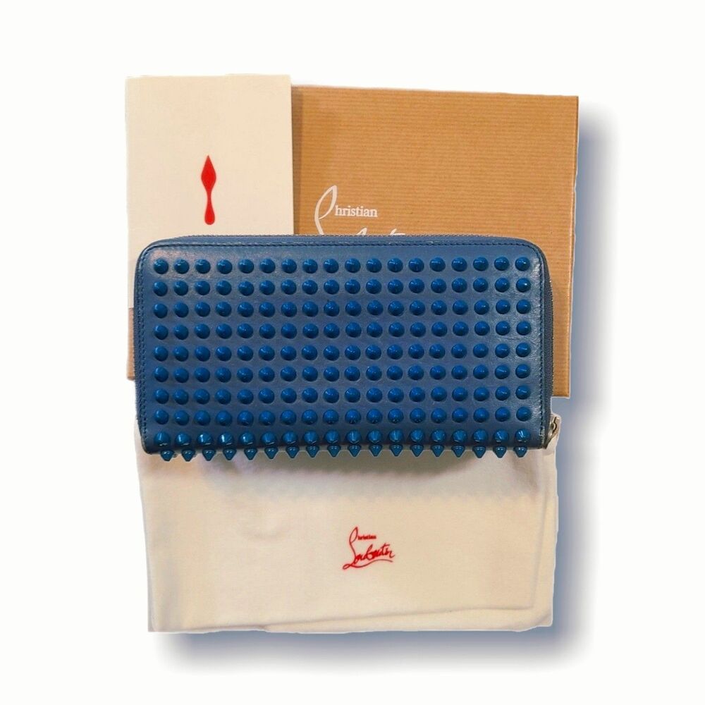 Christian Louboutin Rare Ocean Blue Panettone Studded Zippy Long Wallet w/ Box